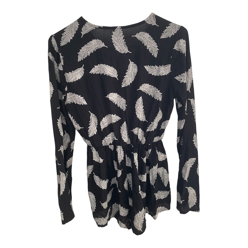 Truth Women Black White Feather Print Long Sleeve V-Neck Romper Small - Picture 5 of 7
